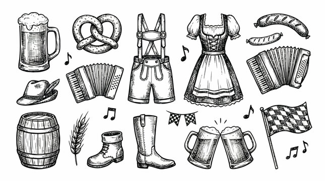 Vintage hand-drawn Oktoberfest icons set featuring beer mug, pretzel, lederhosen and dirndl dress, concept for menu design, festival promotion and event invitation