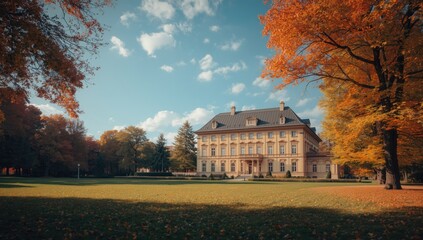 Estonian Palmse manor surrounded by autumn foliage, featuring a luxury villa, park, and visitor center, seasonal change
