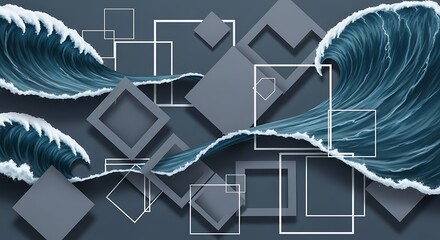 Dynamic interplay of ocean waves and geometric forms artwork rendition