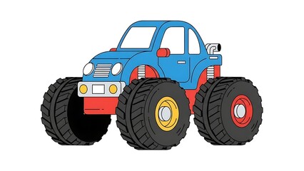 Cartoon Blue Monster Truck with Big Tires and Red Accents.