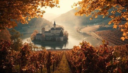 River view in fall with aged religious structure, highlighting erosion risk in a scenic setting