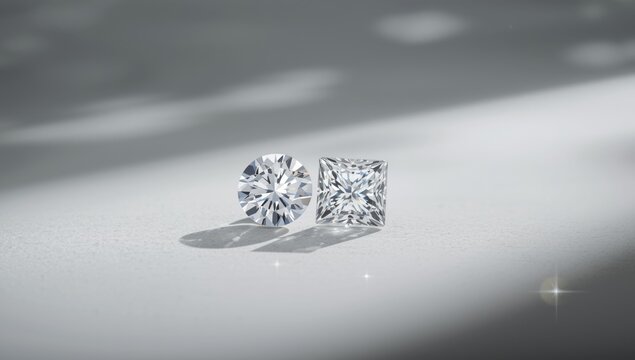 Detailed view of a pair of assorted cut diamonds with shadows, highlighting jewelry design