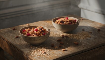 Pair of bowls containing toasted granola, highlighting nutritious meal options, suitable for breakfast layout, Nutrition Week