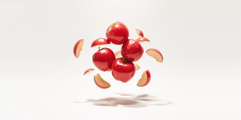 Floating red apples and slices in mid-air, suitable as a colorful background for text and graphics