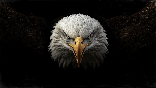 Fierce eagle with sharp beak and intense eyes against black backdrop, symbolizing vigilance, Earth Day