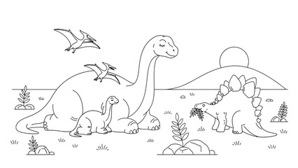 Naklejka premium Dinosaur Family Coloring Page: Brontosaurus, Stegosaurus, Pterodactyls, Sunset