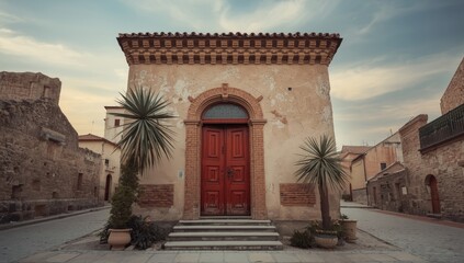 Fototapeta premium Historic medieval street featuring old buildings and red doors, suitable as an architectural background