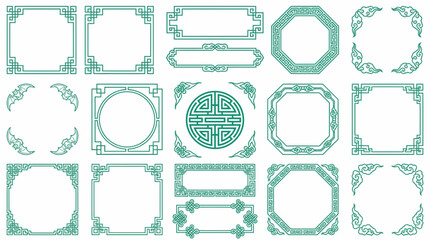 Traditional Chinese decorative frames, borders and corner elements featuring geometric designs and cultural symbols, concept for Asian festival greeting cards, cultural branding and interior accents