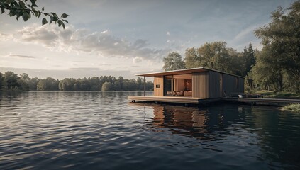 Obraz premium House on pontoon in a water body, focusing on structural maintenance and buoyancy, World Environment Day