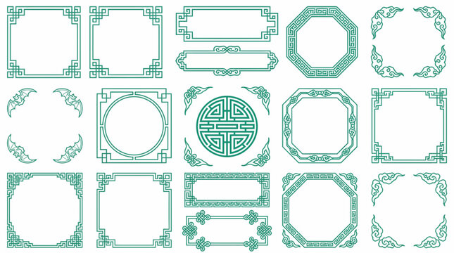 Traditional Chinese decorative frames, borders and corner elements featuring geometric designs and cultural symbols, concept for Asian festival greeting cards, cultural branding and interior accents