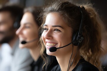 Smiling woman working in customer service call center