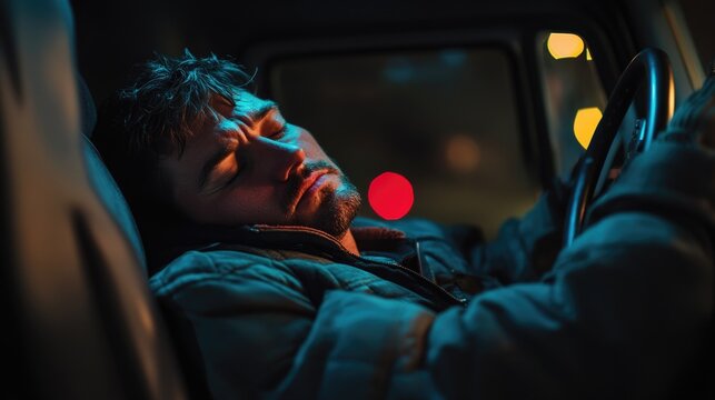 Exhausted and tired truck driver sleeping behind the steering wheel. Fatigue after long night hour shifts that are a part of his routine driving