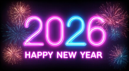 A happy new year celebration design featuring a glowing neon sign and festive fireworks illustration against a dark night sky for the 2026 holiday calendar date