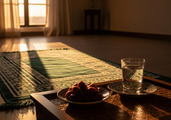 Ramadan Iftar Meal Dates and Water on a Prayer Mat at Sunset