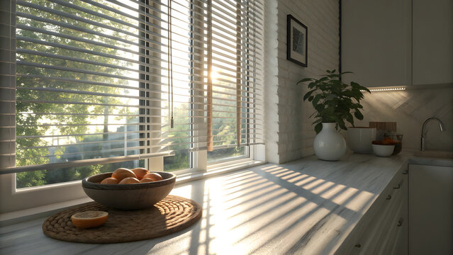 Bright morning sunlight casting beautiful shadows through blinds in a modern kitchen