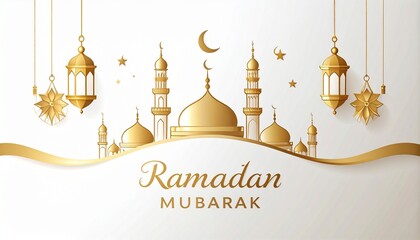 Ramadan Mubarak golden lanterns and mosque illustration
