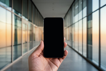 Hand holding smartphone in modern glass corridor
