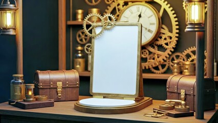Steampunk Display With Blank Frame Gears Clock and Vintage Treasure Chests.jpg