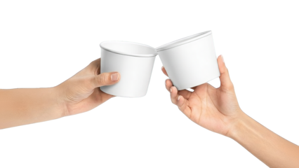 Two hands holding white cups as if cheering, isolated on transparent background, symbolizing celebration, friendship, social moments, coffee breaks, and shared lifestyle experiences.