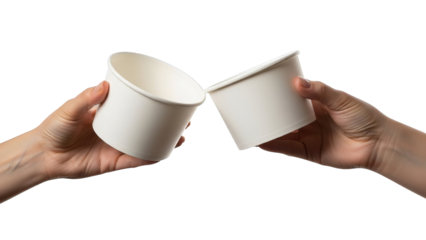 Two hands holding and exchanging white cups isolated on transparent background, symbolizing sharing, cooperation, service exchange, hospitality, teamwork, and human interaction concepts.