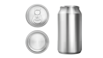 Silver aluminum can with pull tab isolated on transparent background, representing beverage packaging, soda drinks, canned products, branding mockups, and retail food design.