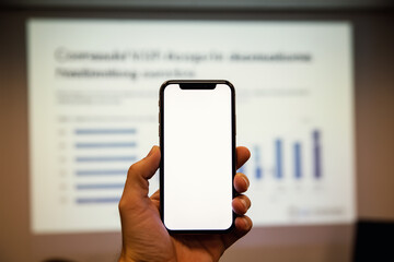 Smartphone foreground, projection screen blurred behind