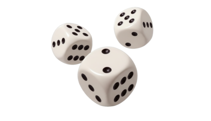 Set of white dice isolated on a transparent background, symbolizing luck, chance, probability, gambling, board games, and game mechanics for design, UI, and concept use.