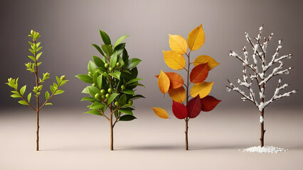 Four miniature trees with different colored leaves on a neutral background for decorative or seasonal display purposes