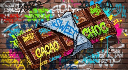 Delicious chocolate bar artwork covered in vibrant graffiti styles adorns a weathered brick wall surface