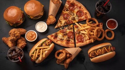Assortment of fast food featuring pepperoni pizza burgers and fries