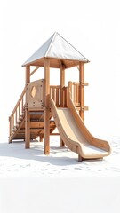 Wooden playground tower with slide & stairs on snowy ground