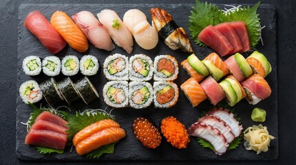 Assortment of Japanese sushi and sashimi on a black platter
