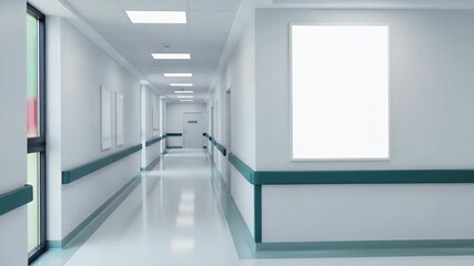A clean and modern hospital corridor with green accents and bright windows, conveying a sense of professionalism and sterile environment.
