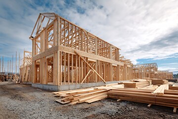 New house wood framing construction developing neighborhood
