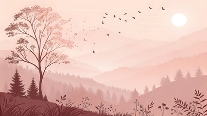 A peaceful winter forest at sunset with snowy trees, misty mountains, and soft light in the sky