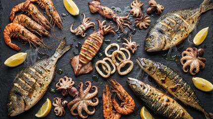 Assortment of seafood with grilled whole fish shrimp and octopus © Dims