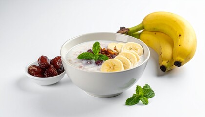 Bowl of cereal with banana slices, dates, and mint, white background