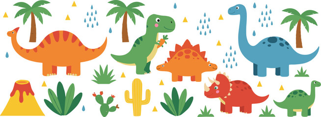 Cute cartoon dinosaurs with tropical plants and volcano, fun prehistoric vector scene for kids education and nursery decorations © Kharshad Creative