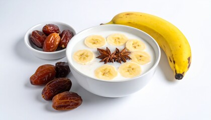 Bowl of yogurt with banana slices and dates on white background