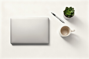 Minimalist top-down workspace with laptop, plant, pen, mug