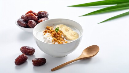 Creamy porridge with banana slices, crumbs, and dates