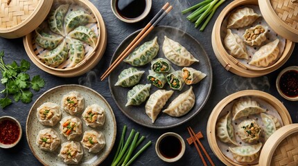 Assortment of Chinese food with steamed dumplings and dim sum