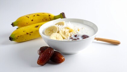 Bowl of yogurt with banana slices and dates