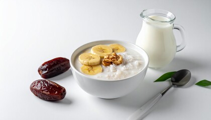 Bowl of porridge with banana, walnuts, dates and milk
