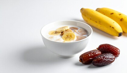 Bowl of cereal with banana slices and dates, milk
