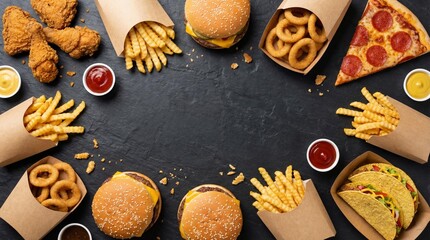 Assortment of fast food with burgers fries pizza and tacos with copy space