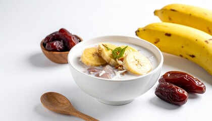 Bowl of healthy breakfast with banana and dates