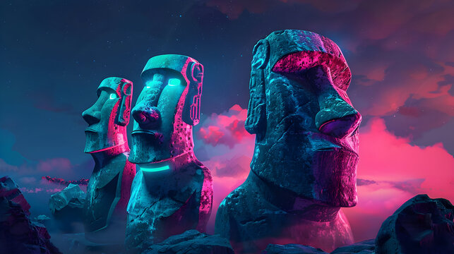 Surreal neon pop art of easter island moai under glowing sky for creative design