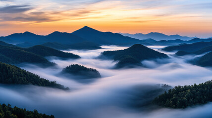 Layered misty mountains with a cloudy sky, tranquil and atmospheric background