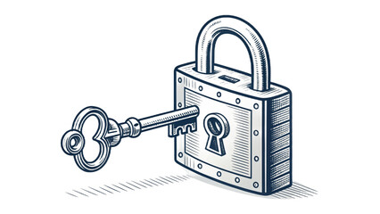 Classic padlock with inserted key vector illustration, transparent background